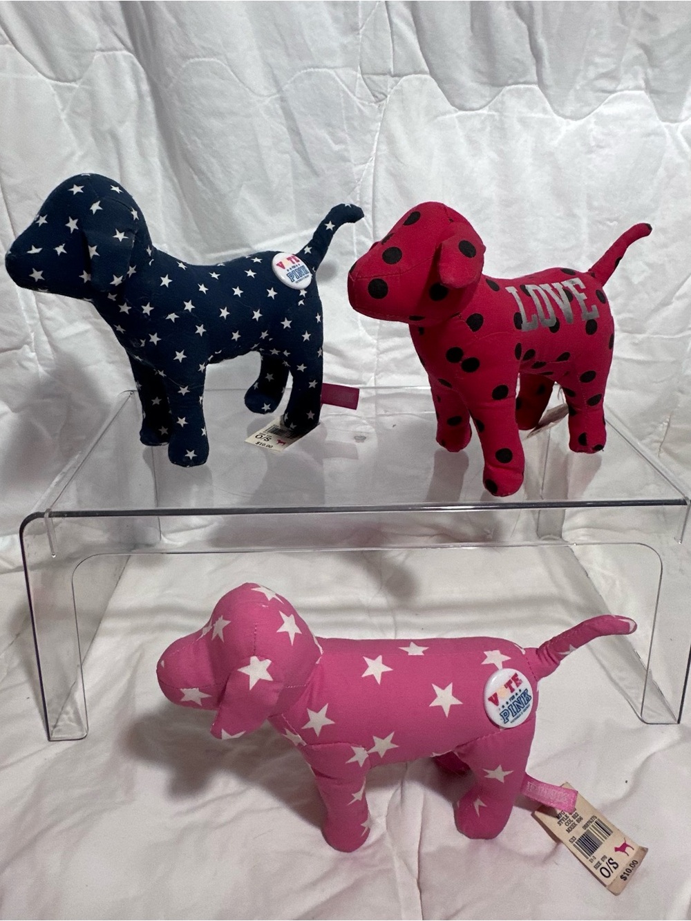 PINK Victoria's Secret Plush Star & Polka Dot Dog Trio - Pink & Navy